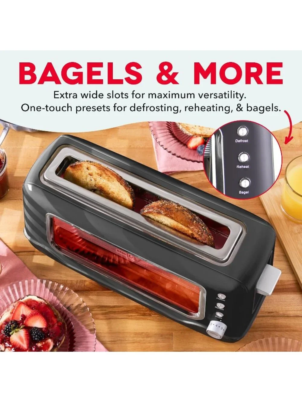 Black Clear View Extra Wide Slot with See Through Window Reheat Baked Toaster